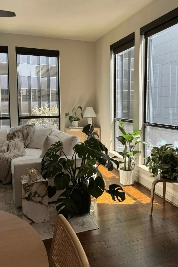 A bright corner room with tall windows, a pale sofa and a large monstera casting leaf shadows.