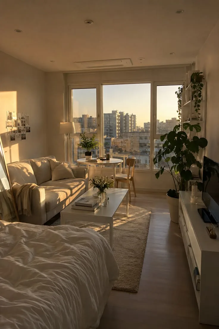 A studio flat at sunset, bed and sofa sharing one room, city blocks through the window.