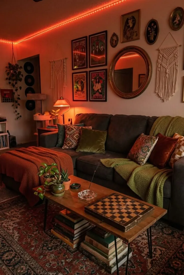 A cluttered living room at night, records on the wall, mismatched cushions and a chess board.